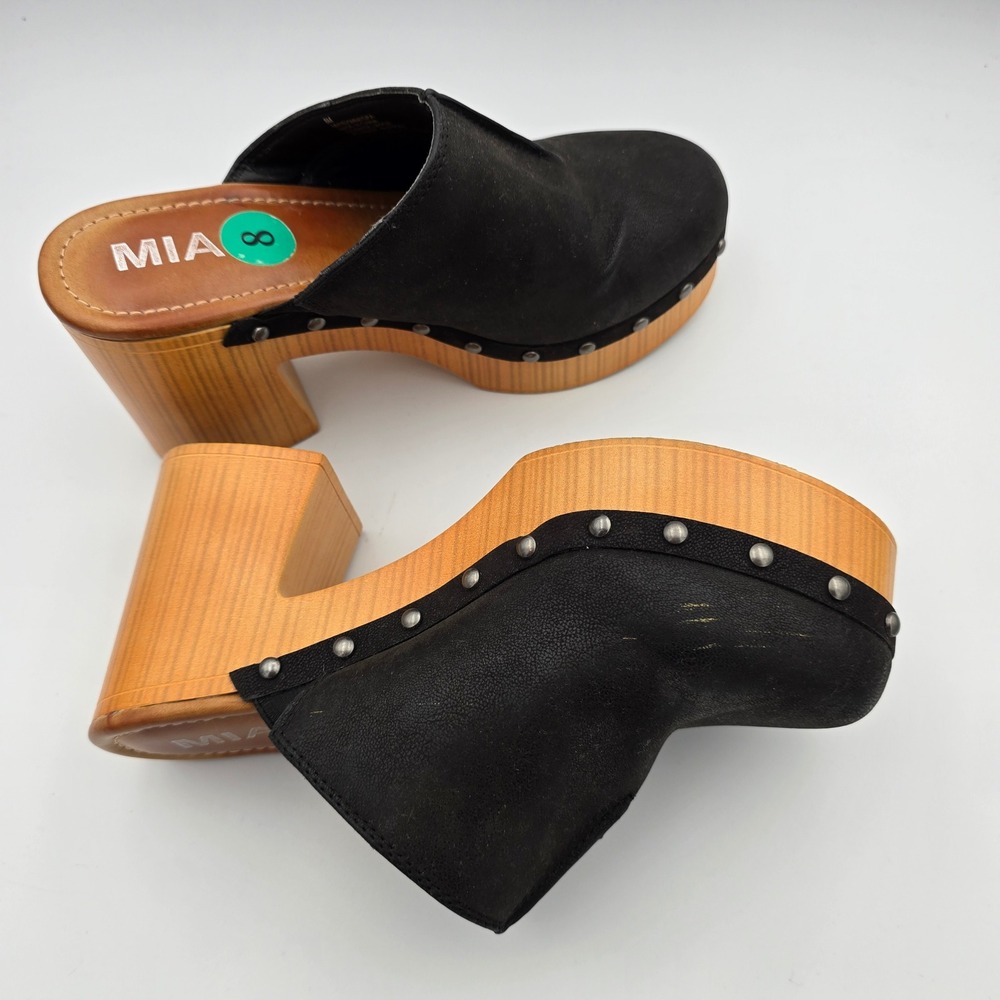 MIA Black Vegan Leather Studded Platform Clogs Wood Block Heel Mules Mens Size 8 - Picture 3 of 7